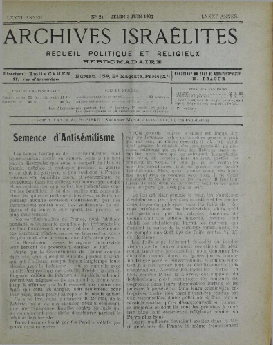 Archives israélites de France. Vol.81 N°24 (03 juin 1920)